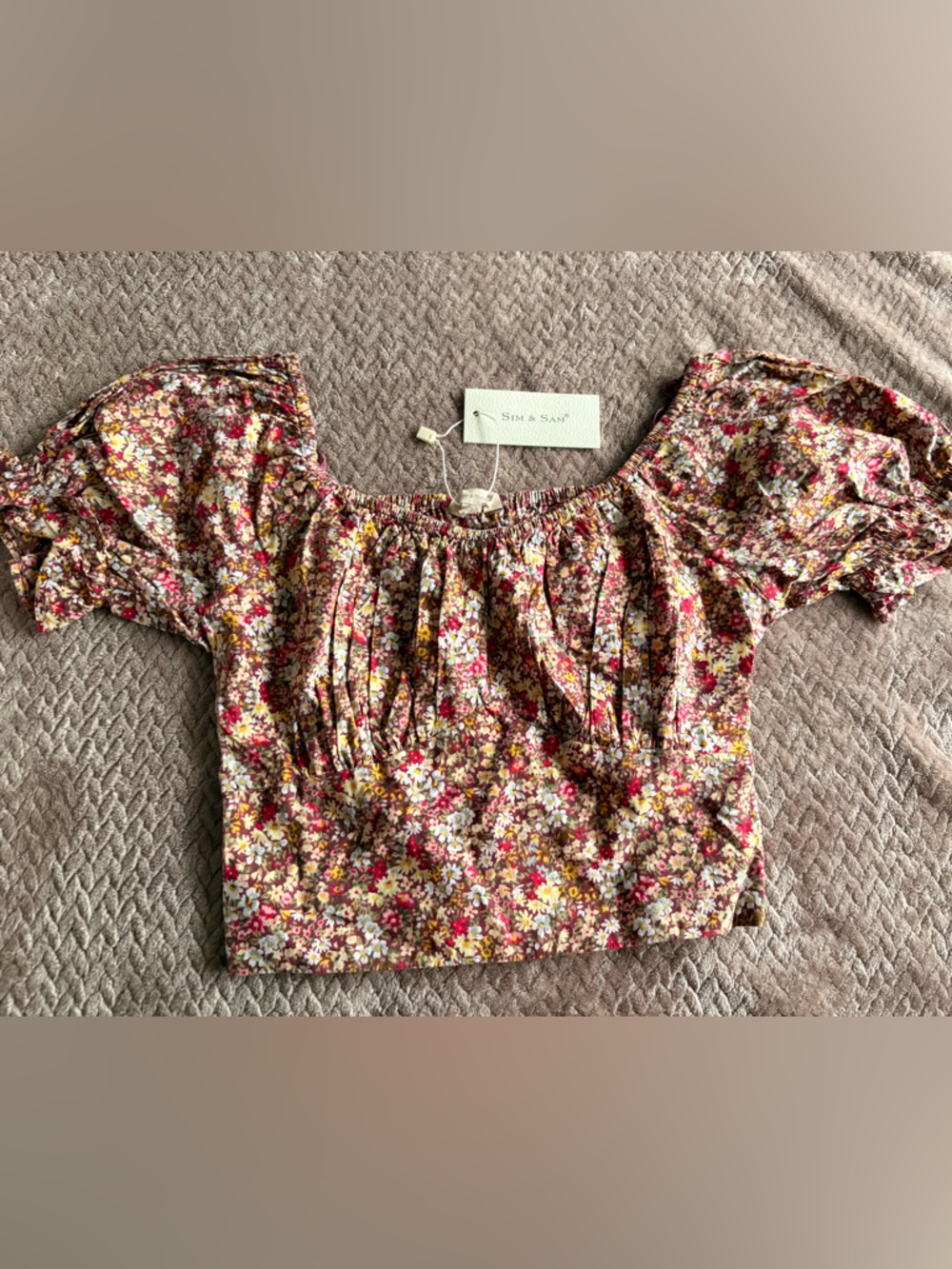 Sins & Skye Floral Puff-Sleeve Crop Top in Multicolor Floral